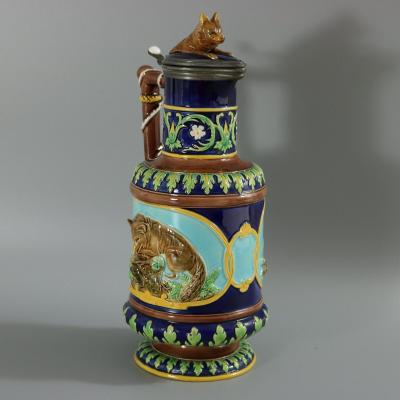 George Jones Majolica Fox and Dog Lidded Jug Pitcher