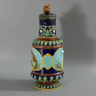 George Jones Majolica Fox and Dog Lidded Jug Pitcher