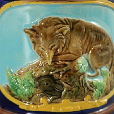 George Jones Majolica Fox and Dog Lidded Jug Pitcher