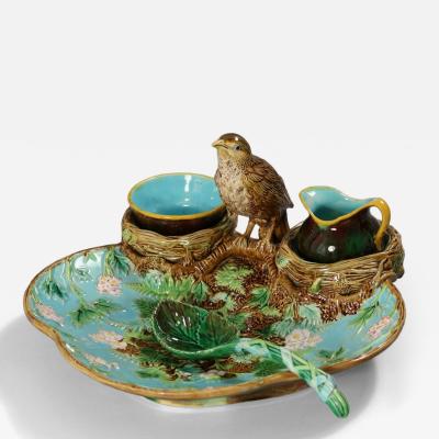 George Jones Majolica Strawberry Serving Set with Bird