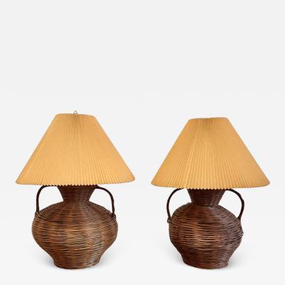 George Kovacs Large Mid Century Modern Wicker Urn Table Desk Lamps by Kovacs Compatible Pair