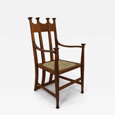 George Montague Ellwood J S Henry Arts Crafts oak dining chair with throne like caps a sweeping back