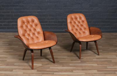 George Mulhauser George Mulhauser Tufted Leather Walnut Lounge Chairs for Plycraft