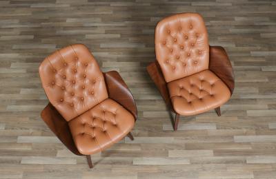 George Mulhauser George Mulhauser Tufted Leather Walnut Lounge Chairs for Plycraft