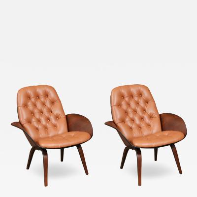 George Mulhauser George Mulhauser Tufted Leather Walnut Lounge Chairs for Plycraft