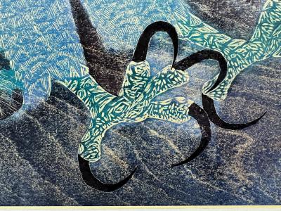 George Suyeoka Attacking Eagle with Talons Ready to Strike Prey in Blue Japanese American