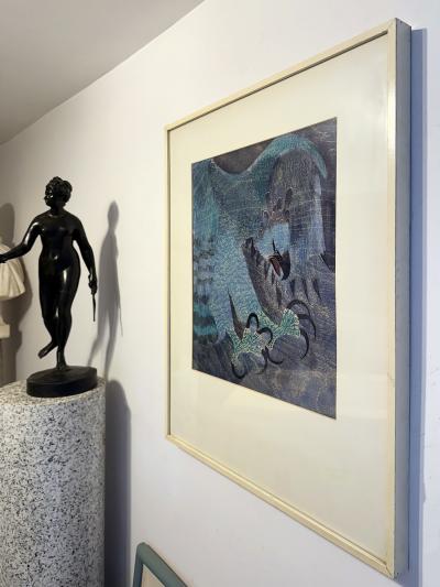 George Suyeoka Attacking Eagle with Talons Ready to Strike Prey in Blue Japanese American