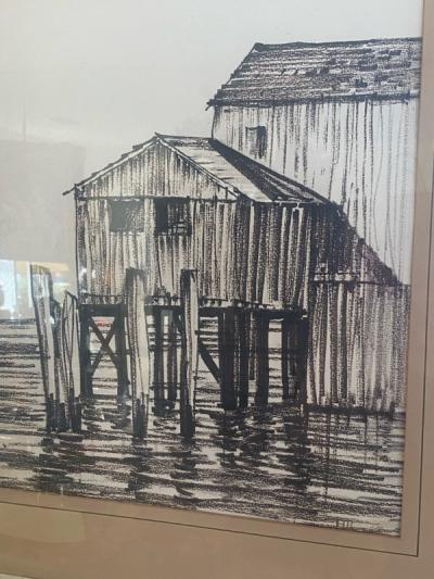 George Wharton Edwards MID CENTURY HOUSE ON OCEAN CHARCOAL DRAWING IN THE MANNER OF WHARTON ESHERICK