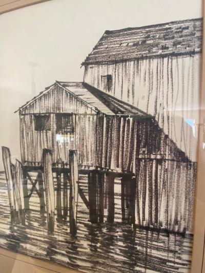 George Wharton Edwards MID CENTURY HOUSE ON OCEAN CHARCOAL DRAWING IN THE MANNER OF WHARTON ESHERICK