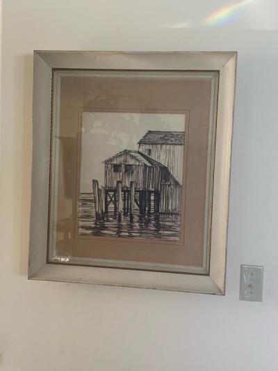 George Wharton Edwards MID CENTURY HOUSE ON OCEAN CHARCOAL DRAWING IN THE MANNER OF WHARTON ESHERICK