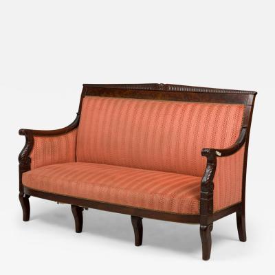 Georges Bellanger Bellanger French Empire Mahogany Pink and Red Stripe Upholstered Settee