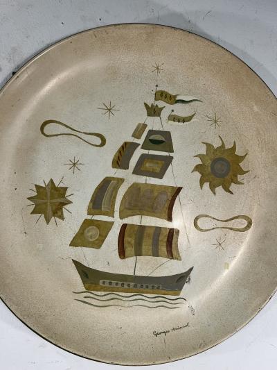 Georges Briard SIGNED GEORGES BRIARD PAIR OF HAND PAINTED CHARGERS FRUIT SHIP