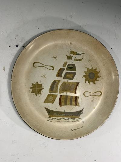 Georges Briard SIGNED GEORGES BRIARD PAIR OF HAND PAINTED CHARGERS FRUIT SHIP