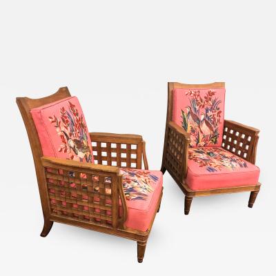 Georges Deveche Georges Deveche rarest carved oak pair of chairs with tapestry