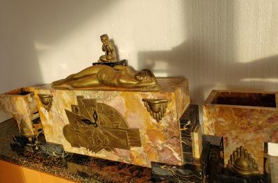 Georges Lavroff Art Deco Clock Bronze Sculpture Voluptuous Reclining Nude Fawn Pipes of Pan
