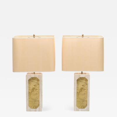 Georges Mathias George Matthias Pair of Brass Etched and Travertine Lamps 1970s