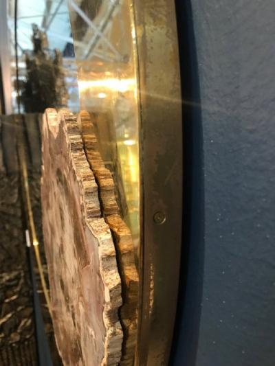 Georges Mathias Stylish acid etched brass and fossilized wood circular mirror by Georges Mathias