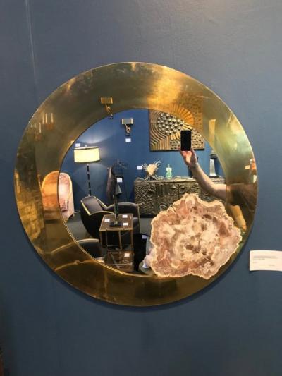 Georges Mathias Stylish acid etched brass and fossilized wood circular mirror by Georges Mathias
