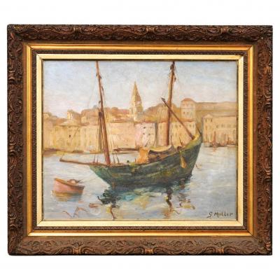 Georges Muller Port de Marseilles Oil on Isorel Panel Seascape Painting Signed Georges Muller