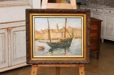 Georges Muller Port de Marseilles Oil on Isorel Panel Seascape Painting Signed Georges Muller