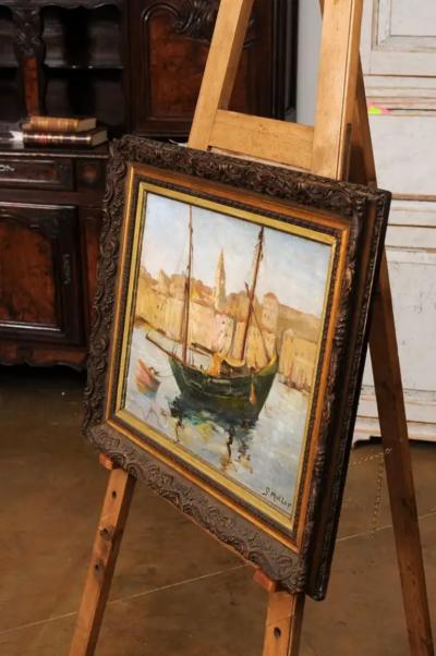 Georges Muller Port de Marseilles Oil on Isorel Panel Seascape Painting Signed Georges Muller