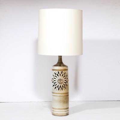 Georges Pelletier Midcentury Ceramic Hand Painted Floral Sun Motif Table Lamp by George Pelletier