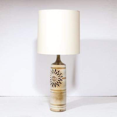 Georges Pelletier Midcentury Ceramic Hand Painted Floral Sun Motif Table Lamp by George Pelletier