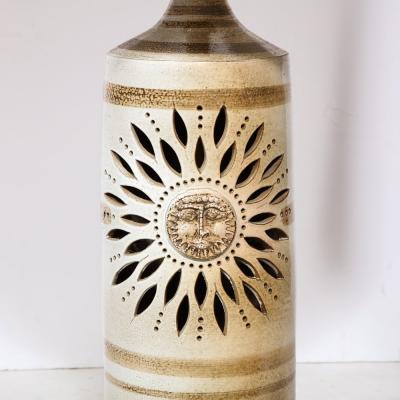 Georges Pelletier Midcentury Ceramic Hand Painted Floral Sun Motif Table Lamp by George Pelletier