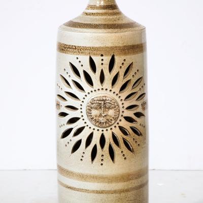 Georges Pelletier Midcentury Ceramic Hand Painted Floral Sun Motif Table Lamp by George Pelletier