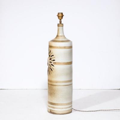 Georges Pelletier Midcentury Ceramic Hand Painted Floral Sun Motif Table Lamp by George Pelletier