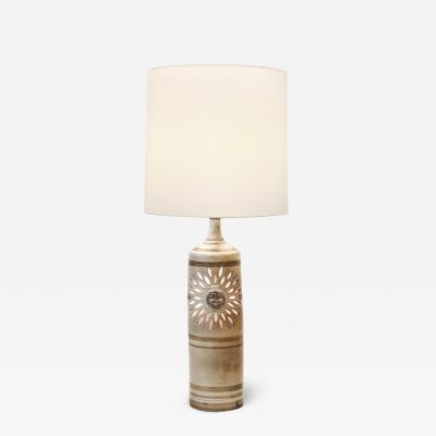 Georges Pelletier Midcentury Ceramic Hand Painted Floral Sun Motif Table Lamp by George Pelletier