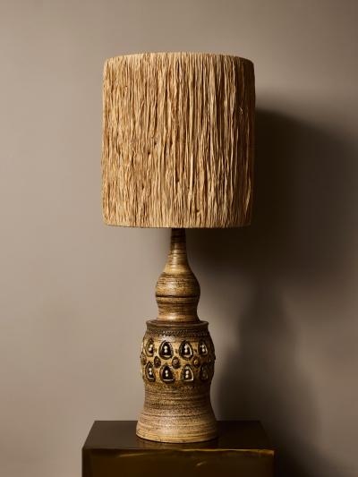 Georges Pelletier Monumental Ceramic Table Lamp with Raffia Shade by Georges Pelletier