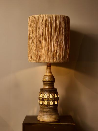 Georges Pelletier Monumental Ceramic Table Lamp with Raffia Shade by Georges Pelletier