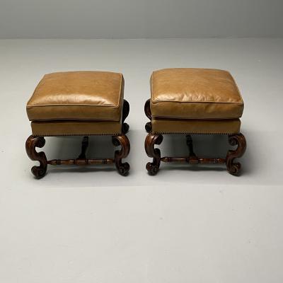 Georgian Cabriole Leg Ottomans Tan Leather Wood USA 2000s