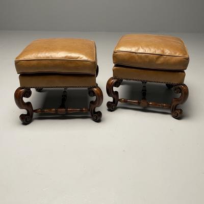 Georgian Cabriole Leg Ottomans Tan Leather Wood USA 2000s