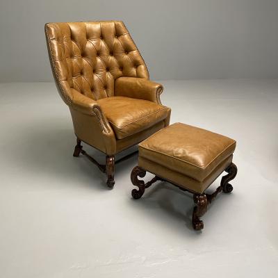 Georgian Cabriole Leg Ottomans Tan Leather Wood USA 2000s