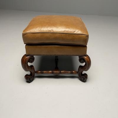 Georgian Cabriole Leg Ottomans Tan Leather Wood USA 2000s