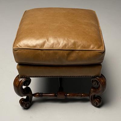 Georgian Cabriole Leg Ottomans Tan Leather Wood USA 2000s