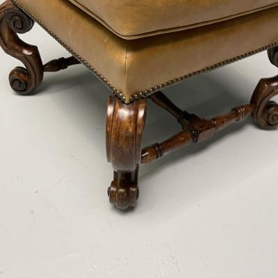 Georgian Cabriole Leg Ottomans Tan Leather Wood USA 2000s