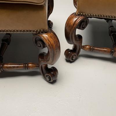 Georgian Cabriole Leg Ottomans Tan Leather Wood USA 2000s