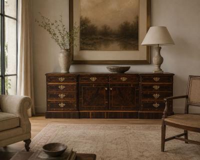 Georgian Circassian Walnut Burlwood Brass Sideboard USA 1980s