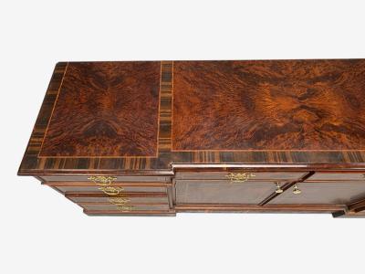 Georgian Circassian Walnut Burlwood Brass Sideboard USA 1980s