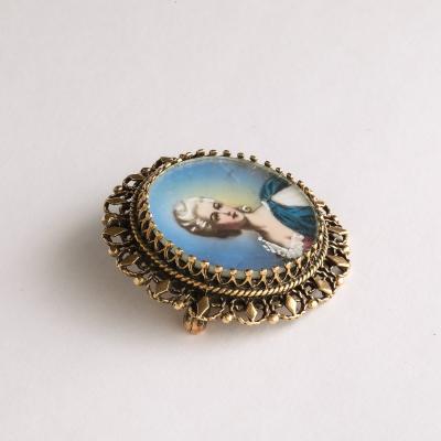 Georgian Enameled Hand Painted Portrait Brooch W 14 Karat Gold Setting