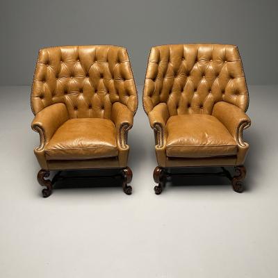 Georgian Large Tufted Lounge Chairs and Ottomans Tan Leather USA 2000s