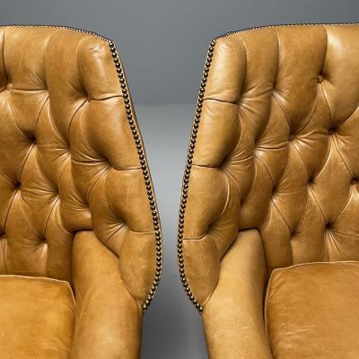 Georgian Large Tufted Lounge Chairs and Ottomans Tan Leather USA 2000s