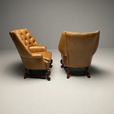 Georgian Large Tufted Lounge Chairs and Ottomans Tan Leather USA 2000s