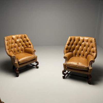 Georgian Large Tufted Lounge Chairs and Ottomans Tan Leather USA 2000s