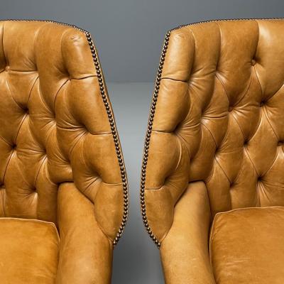 Georgian Large Tufted Lounge Chairs and Ottomans Tan Leather USA 2000s