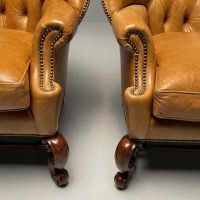 Georgian Large Tufted Lounge Chairs and Ottomans Tan Leather USA 2000s