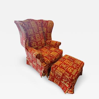 Georgian Style Clarence House Kanji Red Cut Velvet Wingback Chair Ottoman